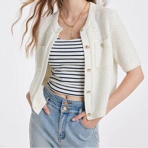 GOELIA Summer Cropped Cardigan Knitted Blouse Top Short Sleeve Crewneck Button S